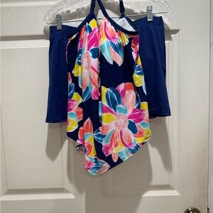 Bal harbour Swimsuit. Floral top; blue bottom.